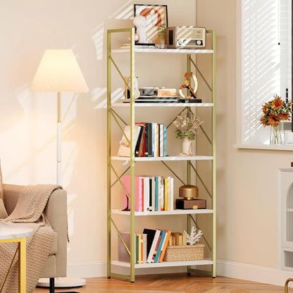 DWVO Gold Bookshelf | Modren 5 Tier Bookcase, Storage Shelves Organizer Standing Shelf, Display Rack Book Shelves for Bedroom,Living - color: Gold