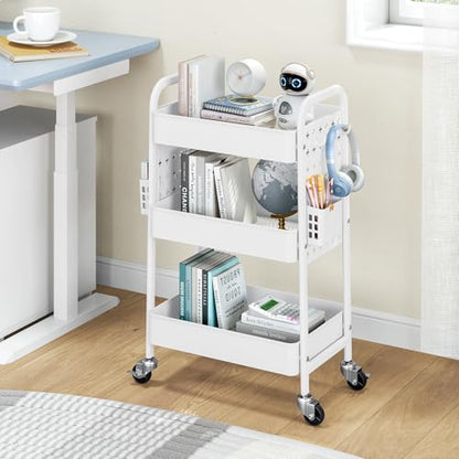 TOOLF Metal Rolling Storage Cart, 3-Tier Utility Mobile Cart with DIY Pegboards, Serving Trolley Cart with Baskets Hooks, for Kitchen, Bathroom, Office, Home, Classroom (Light White) - color: Light White
