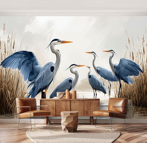Wall Mural Blue Heron Sea Bird Wild Coastal Birds Vintage Herons Water Reeds Peel & Stick Wallpaper Removable Self-Adhesive Large Wall Sticker Wall Decor for Bedroom Living Room Nursery 69"x96" - color: Multi3, size: 69"x96"