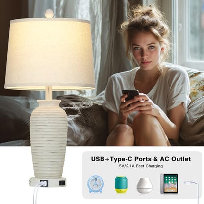 CINSARY 25" Retro White Farmhouse Jar Table Lamps for Living Room, 3 Way Touch Control Rustic Bedside Lamps with USB A+C Ports & AC Outlet, Pot Nightstand Lamps for Bedroom (LED Bulbs Included) - color: Retro-White-1Pack