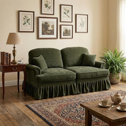 Modular Loveseat Sofa Couch, 2 Seat Comfy Chenille Sofa with Removable Ruffled Skirt, Flared Armrests, Sturdy Legs, Convertible Loveseat for Living Room, Bedroom, Apartment (Green) - color: Green, size: 76.4 Inch