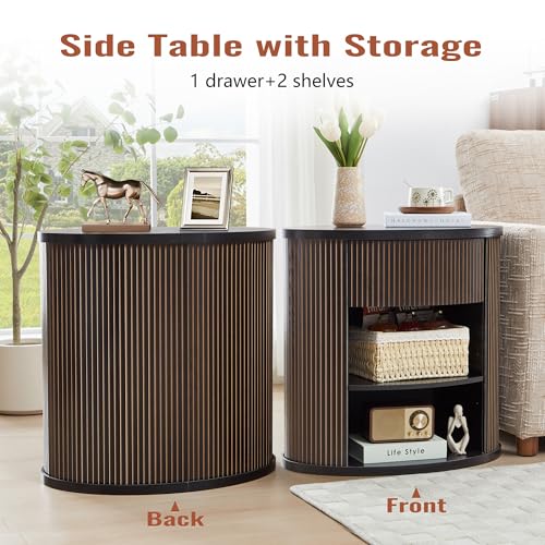 Fluted End Table with Drawer, Black Side Table with Storage, Mid Century Modern Nightstand for Bedroom Bedside, Living Room Couch Sofa, Office, Desk Side Table for Small Spaces - color: Oval-black