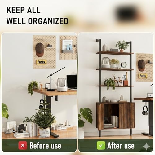 74" Tall Bookshelf with Storage Cabinet, Modern Ladder Shelf with Wood and Metal Frame, Wall Mount Bookcase Open Display Shelf Furniture for Living Room, Bedroom, Home Office, Walnut - color: Walnut