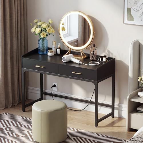 Small Desk with 2 Drawers & Charging Station, 39.4", Black | 2 AC & 2 USB Ports, Ball Bearing Drawer Slides, Compact Design for Bedrooms & Small Spaces