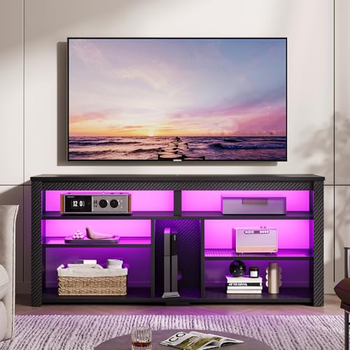 Bestier LED Tall TV Stand, Entertainment Center for 55/60/65 Inch TV, Gaming TV Console with Storage for PS4, Adjustable Shelf TV Cabinet for Living Room Bedroom, Carbon Fiber Black - color: Black Carbon Fiber, size: 55 inch