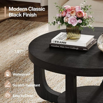 Tribesigns Round Coffee Table, 2-Tier Circle Coffee Table with Storage, Modern Wooden Accent Center Table for Living Room, Thick Tabletop & Base, Black - color: Black