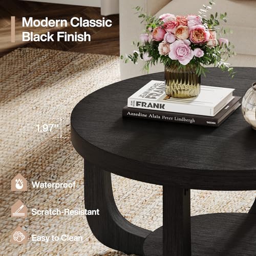 Tribesigns Round Coffee Table, 2-Tier Circle Coffee Table with Storage, Modern Wooden Accent Center Table for Living Room, Thick Tabletop & Base, Black - color: Black