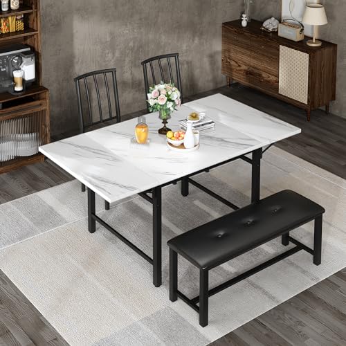 AWQM 4-Piece Faux Marble Drop Leaf Dining Table with Storage Rack, Space Saving Breakfast Nook Table Set with 2 Backrest Chairs and 1 Upholstered Bench, Kitchen Dining Table and Chairs Set for 2-4