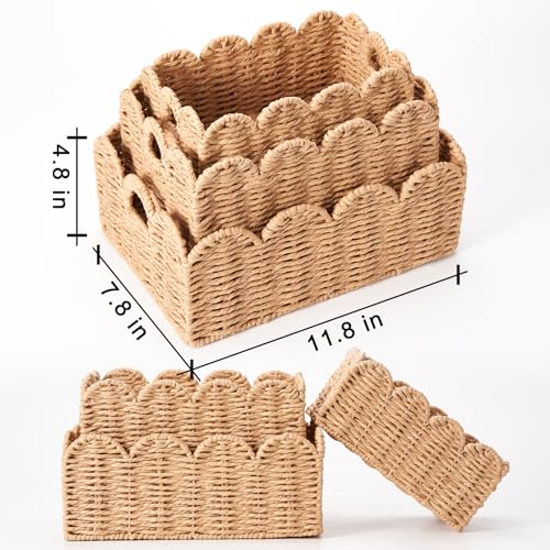 Scalloped Wicker Baskets Set of 3, Hand-Woven Storage with Handles | set of 3 tan scalloped baskets with handles. Hand-woven paper rope for shelves, bathroom or closet. Stackable, sturdy. - color: Tan