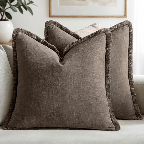 MIULEE Boho Linen Fringe Decorative Fall Throw Pillow Covers Coffee 18x18 | Set of 2, Cottagecore Decor, Boho Farmhouse Neutral Pillow Covers, Rustic Fall Couch Cushion Cases for Sofa Bed Living Room - color: Coffee, size: 18" x 18" (Pack of 2)