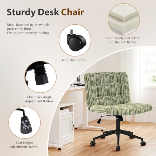 Furnimart 360° Swivel Criss Cross Desk Chair Extra-Thick Cushion, Premium Chenille Cross Legged Chair with Wide Seat & Wheels, Comfy Armless Home Office Chair for Bedroom, Vanity, Sturdy (Green) - color: Chenille Green