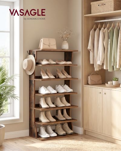 VASAGLE 7-Tier Vertical Shoe Rack, Narrow Shoe Storage Organizer with Hooks | Slim Corner Tower Shelf, Space Saving for Entryway and Bedroom, Rustic Brown, ISLAND Collection ULBS220KD01 - color: Rustic Brown, size: 7 Tiers (20.5"W)