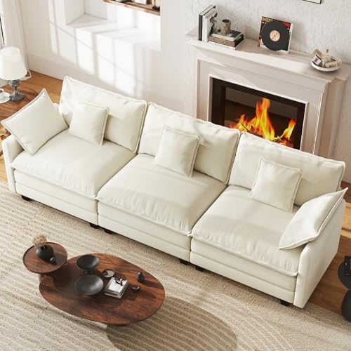 111.4" Cloud Couch, Modular Sectional Sofa, Comfy Modern 3-Seater Couches with Pillows & Upholstered Deep Seat Cushion for Living Room Bedroom Apartment (Beige) - color: Beige, size: 111.4" Sofa