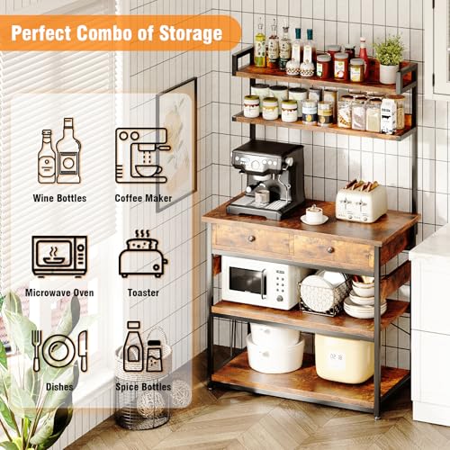 Mexin Bakers Rack with Power Outlets, 5-Tier Microwave Oven Stand with 2 Drawers, Kitchen Stand Coffee Bar Table with Storage, Heavy Duty Kitchen Shelves(Brown) - color: Rustic Brown