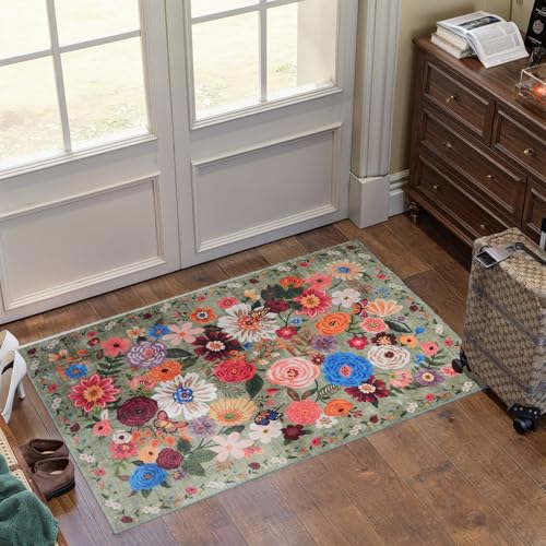 Green Washable 2x3 Entry Rug, Small Rugs for Kitchen Bathroom Door Mat | Ultra-Thin Soft,Non-Slip Indoor Door Mat Carpet Stain Resistant Boho Small Low-Pile Rug for Bathroom Bedroom Kitchen - color: Green, size: 2' x 3' (Rectangular)