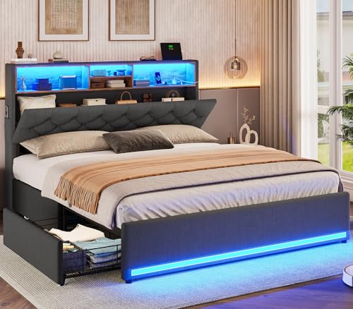 Full Size Bed Frame with Headboard Storage, 4 Drawers, Dark Grey | LED Bed Frame Full Size with Charging Station, Lights, 5 Shelves, Upholstered Bed with Metal Slats, No Box Spring Needed - color: Dark Grey-linen Fabric, size: Full