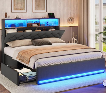 Queen Bed Frame with 4 Drawers, Storage Headboard, Lights, Dark Grey | LED Bed Frame Queen Size with Charging Station, 5 Shelves, Upholstered Bed with Metal Slats, No Box Spring Needed - color: Dark Grey-linen Fabric, size: Queen