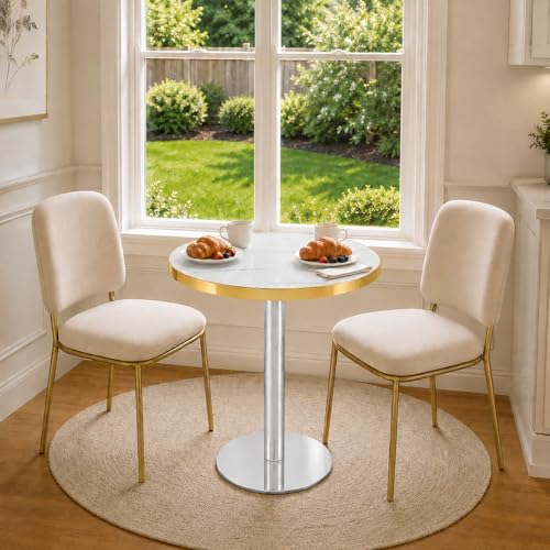 TesNus 23.6" Small Round Dining Table for 2, Circle Tulip Table, Faux Marble Top with Silver Metal Pedestal Base, Modern Leisure Coffee Table for Small Spaces, Cafe, Office, White&Silver - color: White Top&silver Base