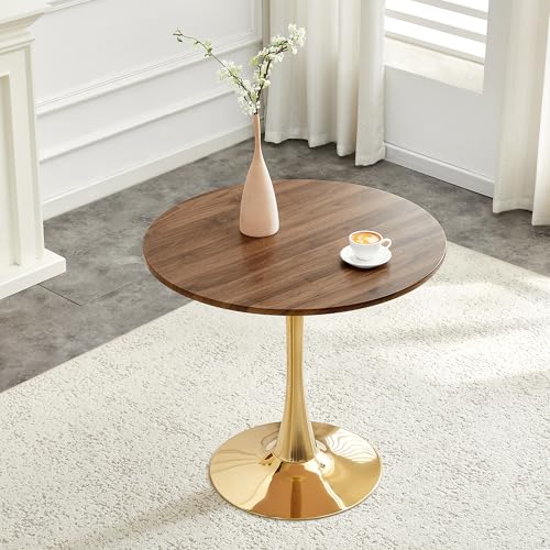 31.5" Round Dining Table, Mid-Century Modern Tulip Table with Thickened Tabletop & Metal Pedestal, Circle Bistro Table for Kitchen, Small Places, Apartments, Cafe - color: Walnut Gold, size: 31.5" dining table
