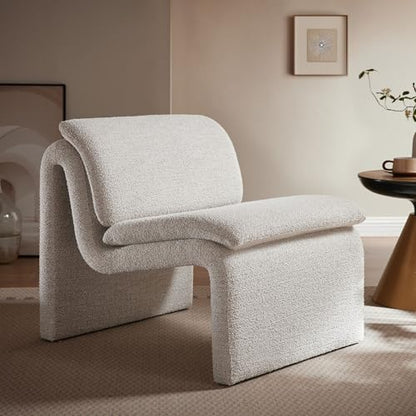 Modway Lume Curved Lounge Chair in Parchment Boucle Fabric – Modern Upholstered Armless Accent Chair with Padded Cushion - Unique Slipper Chair for Bedroom or Living Room - color: Parchment