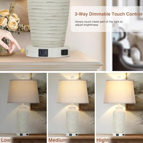 CINSARY 25" Retro White Farmhouse Jar Table Lamps Set of 2, 3 Way Touch Control Rustic Bedside Lamps with USB A+C Ports & AC Outlet, Pot Nightstand Lamps for Bedroom Living Room (LED Bulbs Included) - color: Retro White
