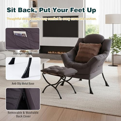Lazy Chair with Ottoman, Comfy Reading Chair for Bedroom，Grey | Comfy Bedroom Accent Chair with Washable Removable Cover and extra throw pillow for Living Room Dorm - color: Shadow Grey