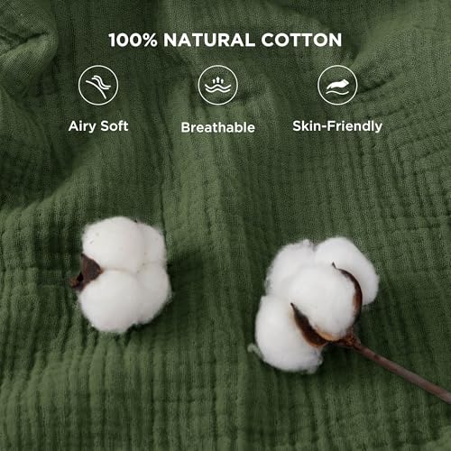 Bedsure 100% Cotton Muslin Throw Blanket Twin XL for Bed - 4-Layer Breathable and Lightweight Soft Gauze Muslin Blankets for Adults, Thin Summer Blanket for College Dorm, Olive Green, 66x90 Inches | Lightweight, Breathable, Soft Gauze Summer Twin Blankets