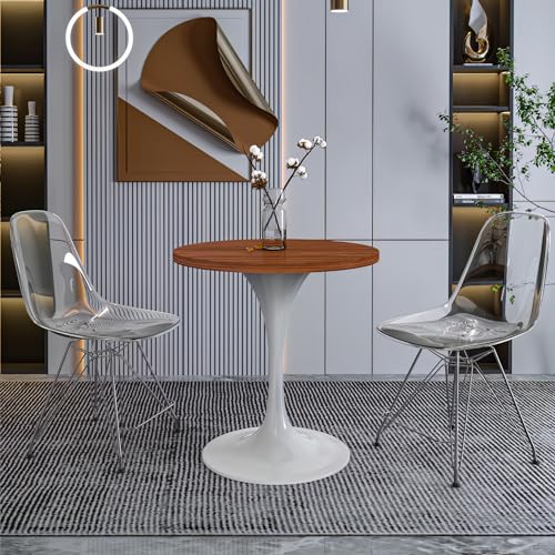LeisureMod Verve Mid-Century Modern 27 Inch Round Dining Table, MDF Wood Tabletop with White Steel Pedestal Base, Contemporary Kitchen & Dining Room, Small Space Breakfast Table, Cognac Brown - color: Cognac Brown Wood, size: 27 inch Wide