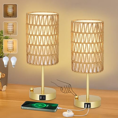 Gold Bedside Lamps Set of 2, Touch Control Night Stand Lamp for Bedroom with Rattan & Linen Shade & Bulbs, 3 Way Dimmable Small Boho Table Lamps with USB Charging Port & Phone Stand - color: Gold-2pack