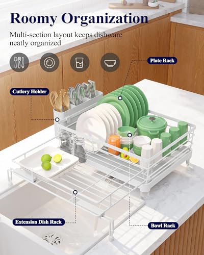 Kitsure Adjustable Dish Drying Rack, 15.6''-25.2''L × 16.9''W, White | Large Dish Drying Rack, Rust-Resistant Dish Racks for Kitchen Counter, With Adjustable Support Legs, Cutlery Holder - color: White