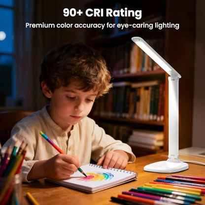 Desk Lamp with Charger, 10%-100% Stepless Dimmable & 5 Color Modes Study Lamp, Touch Control, 30-/60-minute Timer, USB Charging Output Port, CRI≥90, Eye-Caring Foldable LED Desk Lamps for Home Office - color: White-US