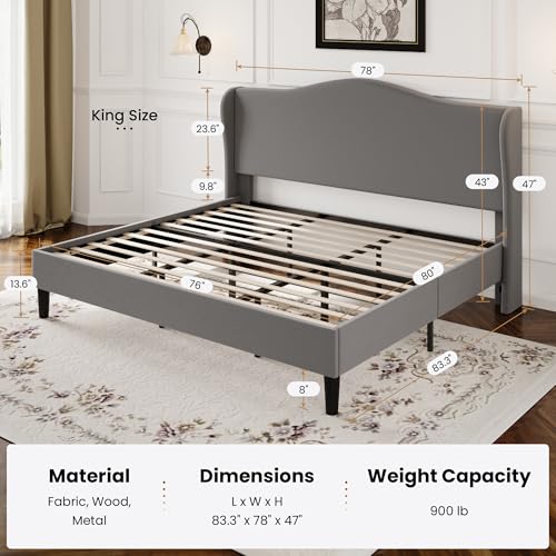 SHA CERLIN King Size Bed Frame with Curved Wingback Headboard, Soft Grey | Modern Luxury Design Velvet Platform Bed with Sturdy Wooden Slats,Noise-Free, No Box Spring Needed, Easy Assembly - color: Soft Grey, size: King