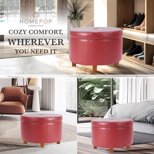 HomePop Round Leatherette Storage Ottoman with Lid, Cinnamon Red Large - color: Cinnamon Red