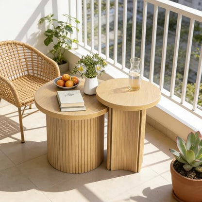 Nesting Coffee Tables Set of 2,Farmhouse Small Round Side Tables | 17.6" End Table with Wooden Fluted,Stacking coffee tables Space Saving Sofa Table for Living Room,Easy Assembly - color: Small Size-set
