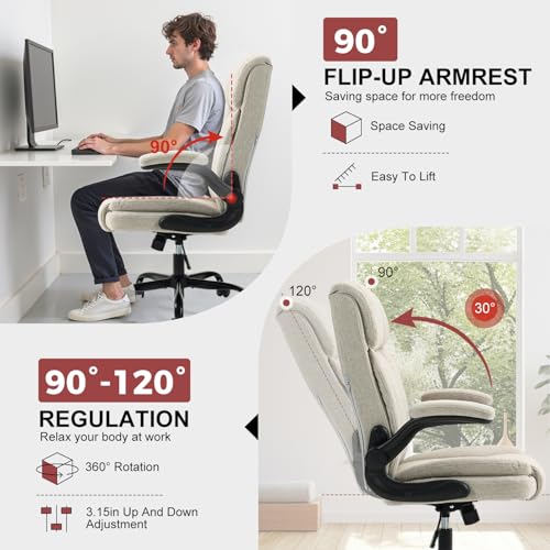 Fabric Office Chair High Back Executive Ergonomic Chair Flip Arms | Premium cloth fabric office chair with high back ergonomic support, flip-up arms, adjustable height, 90°-120° tilt function - color: Beige