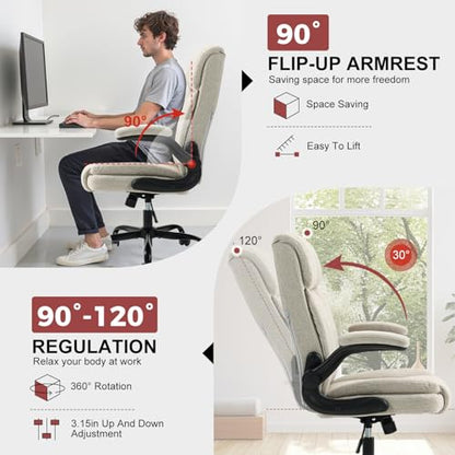 Fabric Office Chair High Back Executive Ergonomic Chair Flip Arms | Premium cloth fabric office chair with high back ergonomic support, flip-up arms, adjustable height, 90°-120° tilt function - color: Beige