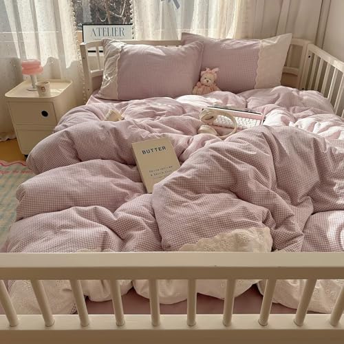 mixinni Purple White Gingham Duvet Cover Twin Size - 3 Piece Cottagecore Plaid Bedding Set with Lace Trim, Soft Washed Microfiber Vintage Aesthetic Grid Comforter Cover & Pillow Shams - color: 03 - Purple Gingham, size: Twin(68" x 86")