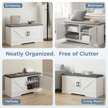 DUMOS Shoe Storage Bench, 39" Wide Shoe Organizer Cabinet with Padded Seat Cushion, 2 Doors, Adjustable Shelf for Entryway, Hallway, Bedroom, Living Room, White - size: 39 inches