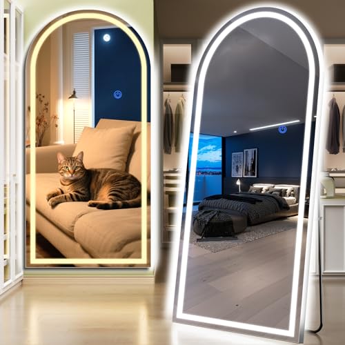 Arch Full Length Standing Mirror with LED Lights, 76"x34" Lighted Mirror with Dimming & 3 Color Lighting, Tall Mirror Full Body for Bedroom, Dressing Room - color: Arched, size: 76"L x 34"W
