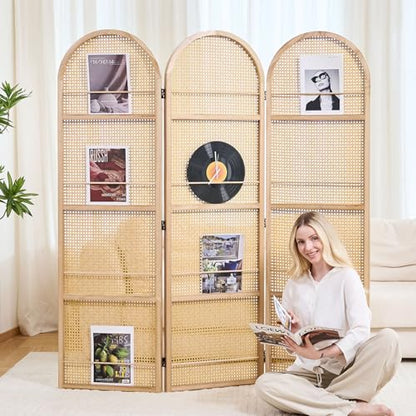 Rattan Room Divider with Bookshelf,Foldable Privacy Screen Partition,Wooden Frame,Natural Portable for Living Room,Bedroom Home,Office Reading Nook (Natural, 3 Panels) - color: Natural