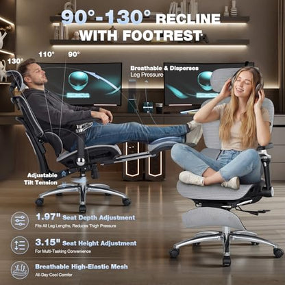 MALOL Ergonomic Office Chair, 400lbs High Back Mesh Desk Chair with 6D Armrests, 3D Headrest, Adjustable Lumbar Support, Seat Depth Adjustment, Tilt Lock, Metal Base & PU Wheels, Grey - color: Grey