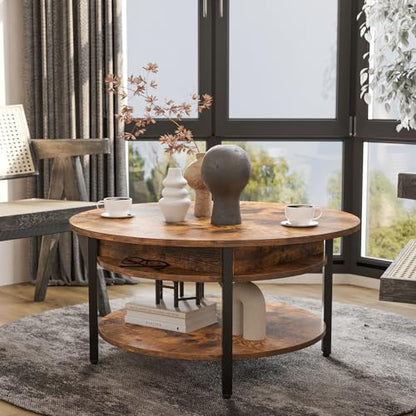 FABATO 26.77” Round Lift Top Coffee Table with Storage, Rustic Brown | Farmhouse Coffee Table, 2 Tier Small Round Center Table, Center Table for Living Room, Circle Dining Table - color: Rustic Brown