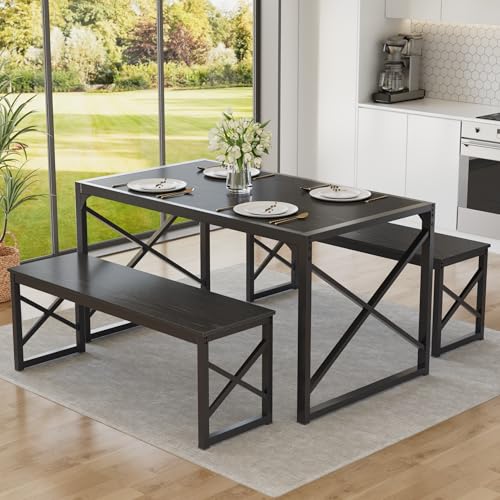 VECELO 55” Kitchen Dining Table Set for 4, Heavy-Duty Steel Frame & Wood-Grain Tabletop, Space-Saving Dinette Sets with 2 Benches for Breakfast Nook and Small Space, Black - color: Black, size: 55 Inch