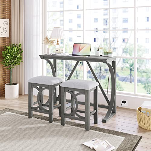 RuiSiSi 3 Piece Counter Height Dining Set, Farmhouse Kitchen Table Set with USB Port and 2 Upholstered Stools, Breakfast Nook Set for Kitchen, Dining Room, Living Room, Grey - color: Grey