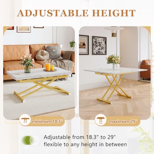 Adjustable Height Coffee Table, Folding Dining Table, White&Gold | Convertible lift top table for use as a coffee table, dining table, home office desk or vanity - color: White & Gold Legs