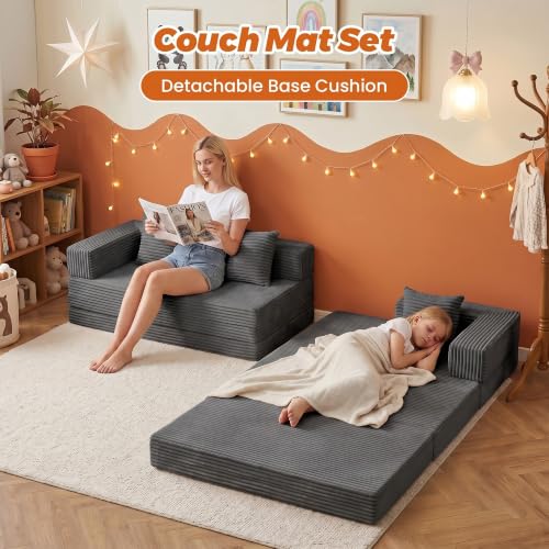 6-in-1 Tri-Folding Mattress | Cloud Boneless L-Shaped Modular Sectional Couches | Corduroy Pet-Friendly Convertible Futon Sofa Bed with 800LB Capacity Apartment, Guest Room, Game Room - color: Grey