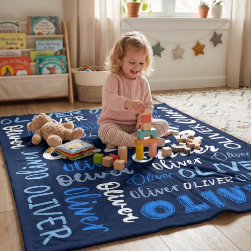 Personalized Blanket with Name, Custom Name Blanket Gifts for Kids Adults Boys Girls Teen, Soft Customized Fleece Flannel Throw for Bedroom Living Room, Birthday Christmas - color: Navy Blue
