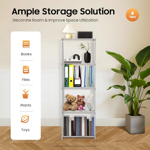 4-Tier Small Narrow Bookcase,Skinny Bookshelf for Small Space,Stable Floor Standing Shelf Storage Organizer, 15.74x11.02x49.21 Inch,Each Layer Holds 17.6 lbs,Grey,Waterproof Non-Woven