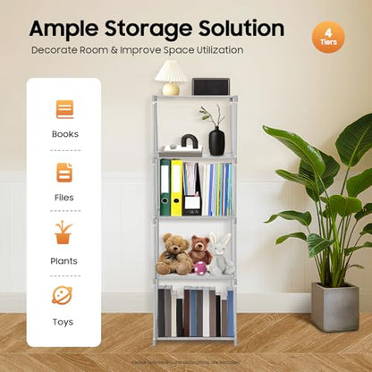4-Tier Small Narrow Bookcase,Skinny Bookshelf for Small Space,Stable Floor Standing Shelf Storage Organizer, 15.74x11.02x49.21 Inch,Each Layer Holds 17.6 lbs,Grey,Waterproof Non-Woven
