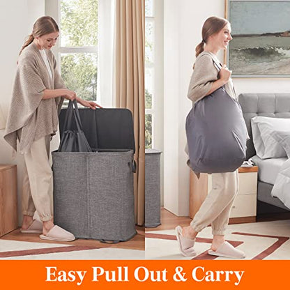 Lifewit Double Laundry Hamper with Lid and Removable Laundry Bags, Large Collapsible 2 Dividers Dirty Clothes Basket with Handles for Bedroom, Laundry Room, Closet, Bathroom, College, 136L Gray - color: Gray, size: 136L